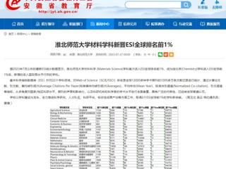安徽教育网：2026世界杯官网材料学科新晋ESI全球排名前1%